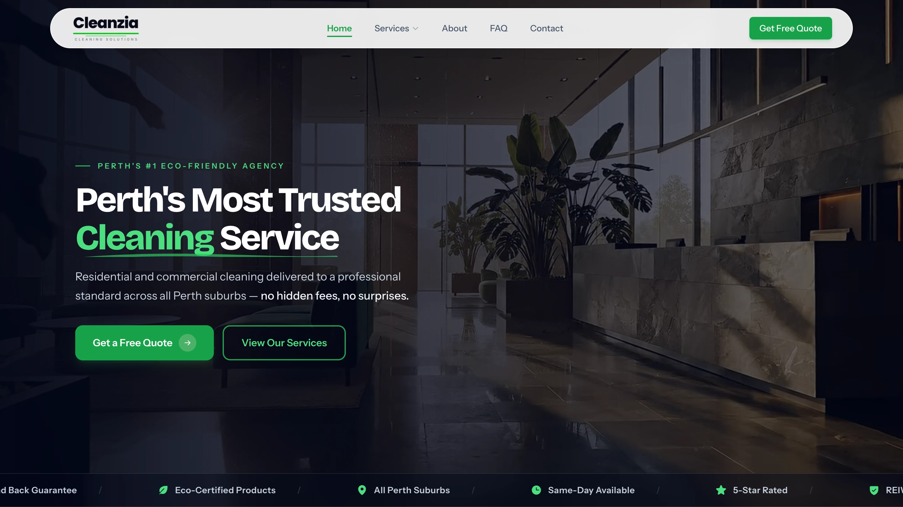 Cleanzia Cleaning Solutions website homepage and booking interface