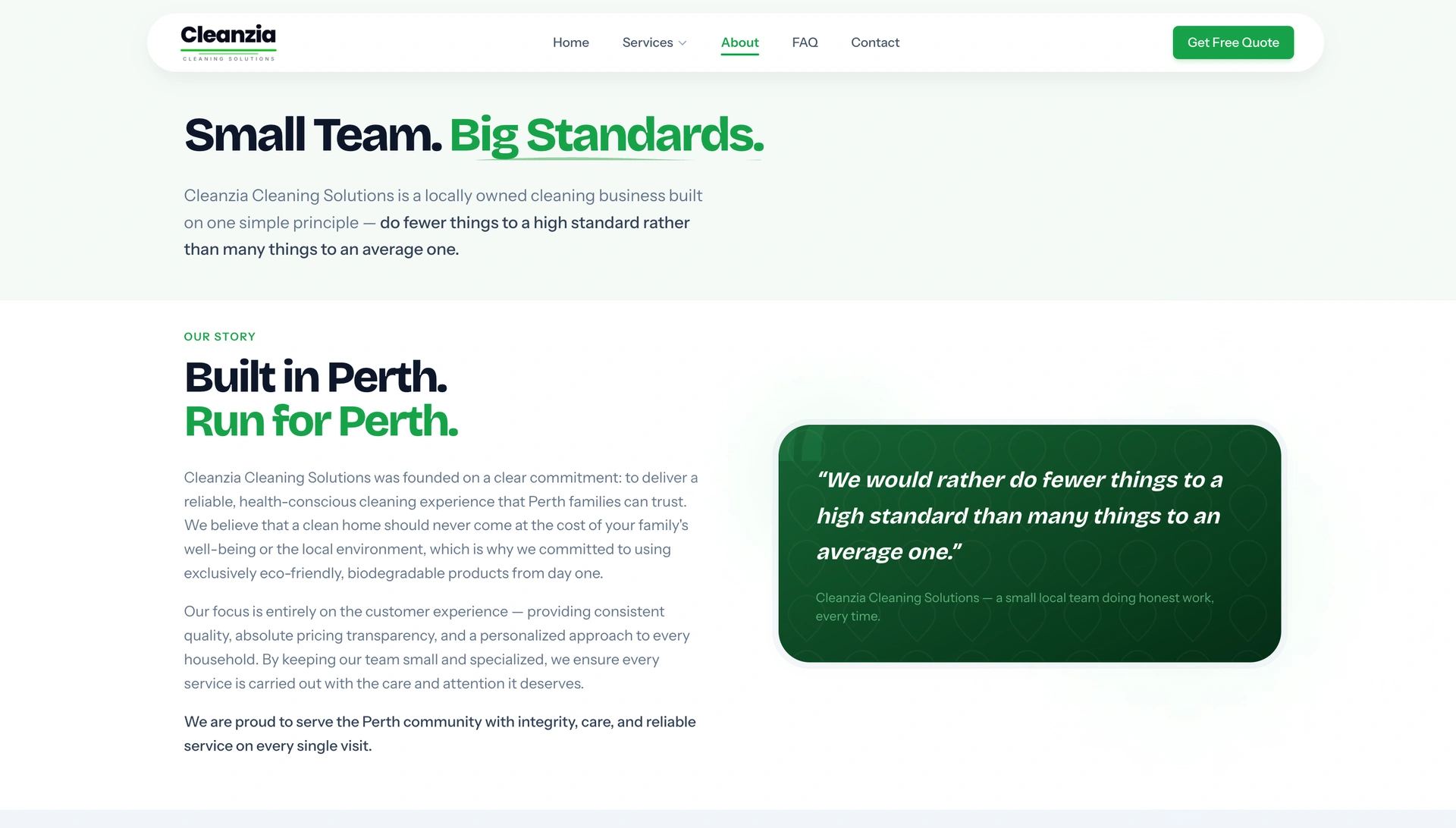 Cleanzia company narrative highlighting team standards and local Perth focus